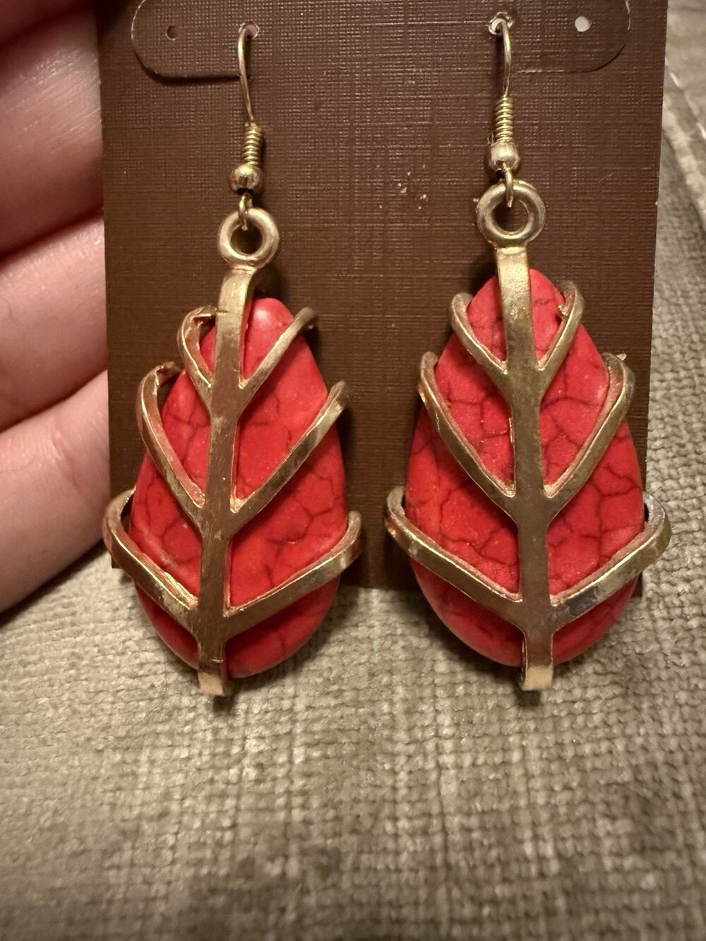 Vintage Red Gold Marbled Oval Teardrop Dangle Earrings Statement Bold